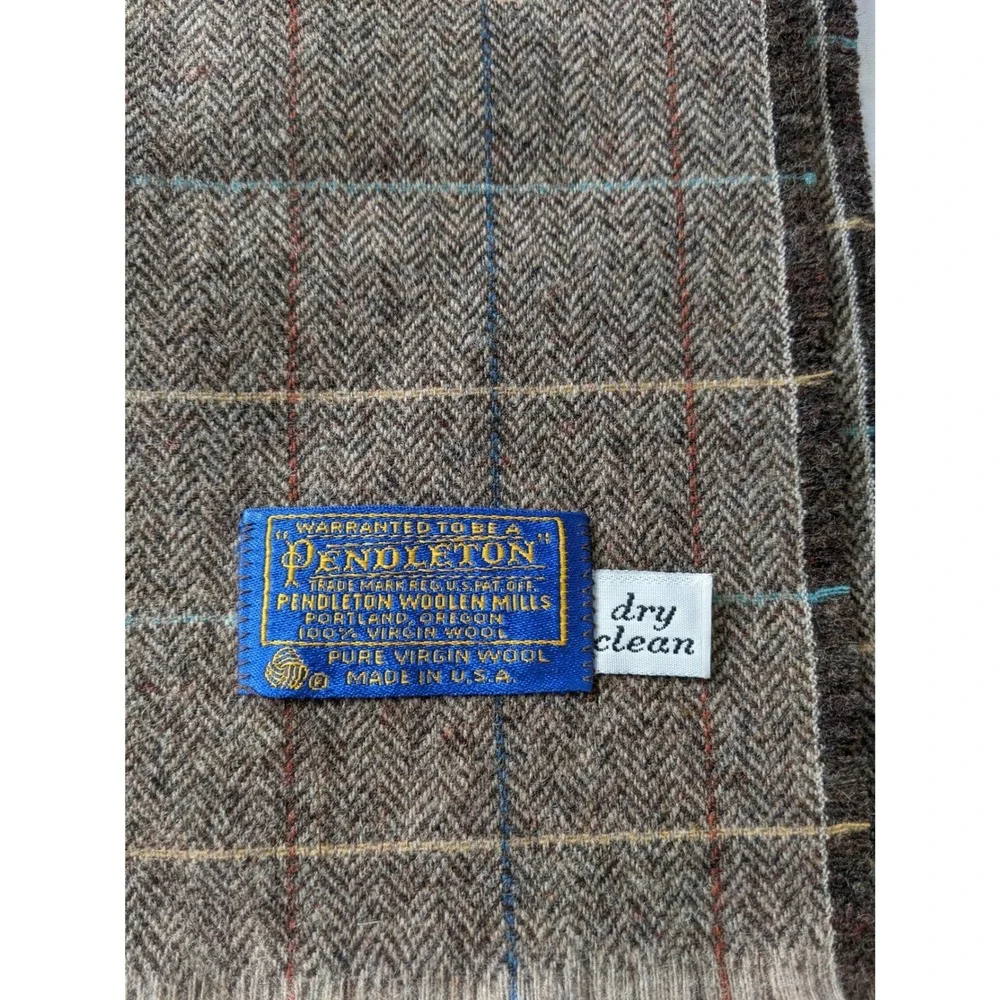 Pendleton Scarf Brown Herringbone Windowpane Plaid 100% Virgin Wool Made in USA